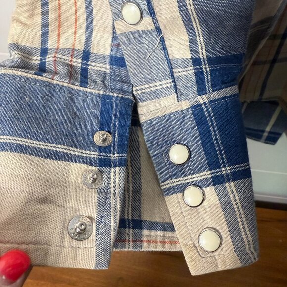 Wrangler Men's Long Sleeve Pearl Snap Blue & Cream Plaid Shirt 18 1/2 x 36 - Picture 9 of 11
